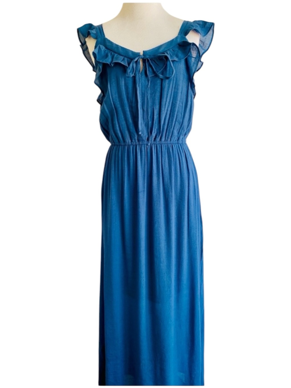 LUXOLOGY Blue Ruffle-Shoulder Maxi Dress Small Cottagecore Boho Romantic